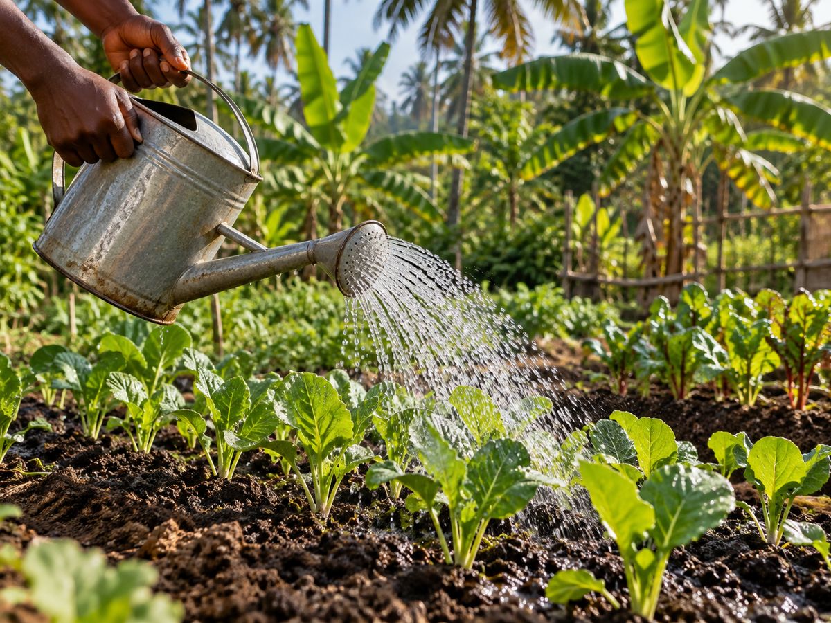 Volunteer watering seedlings in the organic farm